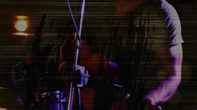 Camera lifting starting shoot, blonde photog documenting drums while singer singing, VHS glitch