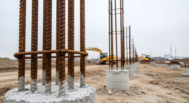 Construction site steel rebar reinforcement for concrete pillars | Industrial building foundation with heavy machinery background | Civil engineering project showing structural steel cages