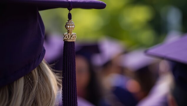 Close-up of purple graduation cap with gold tassel and 2026 charm blonde hair