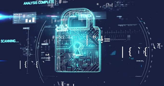 Wireframe padlock centering on security HUD, SCANNING appearing and animating code into functioning