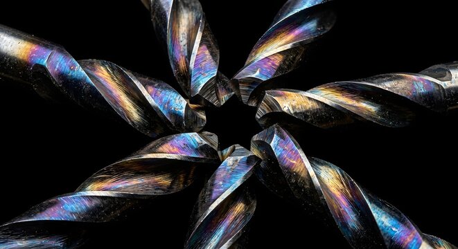 Macro of heat-treated spiral drill bits arranged in a flower shape with iridescent oil-slick metal texture