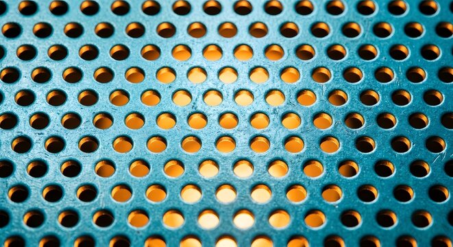 Industrial perforated metal sheet background with turquoise texture and warm amber backlight