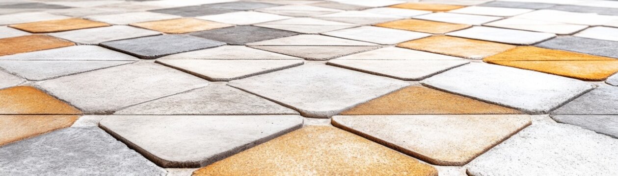 Close-up, low-angle view of textured rhomboid concrete pavers forming a geometric pattern in earthy tones of brown, grey and off-white. Abstract flooring surface., pavers, texture