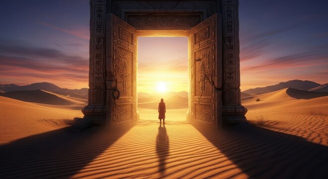 A lone figure standing at the threshold of a luminous doorway during twilight