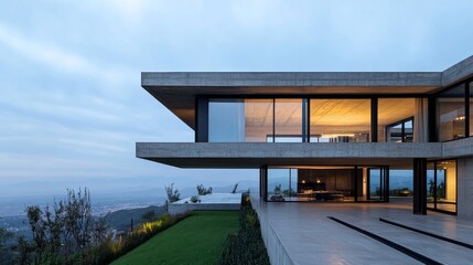 Fototapeta premium Dusk View Modern Cantilevered Concrete and Glass House. Minimalist architecture with illuminated interiors, framing panoramic hillside cityscapes. ,Luxury ,Design