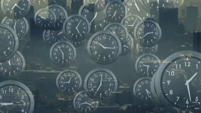 Clocks moving over skyline in overlay, timeline shifting, hands moving, showing time streams for IT
