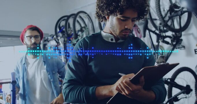 Clipboard tech writing while coworker entering with blue frame placing at rack amid wave for stock