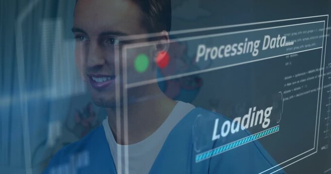 Male clinician lowering arms and smiling in clinic with HUD loading bar completing, stethoscope