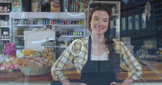 Bakery staff woman posing smiling as overlay sweeping over counter ghosting her showcasing pastries