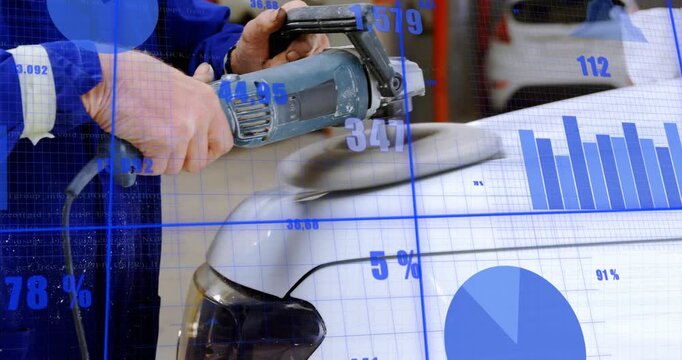 Tech spinning pad contacting auto hood, moving tool while blue charts and percent tracking polish