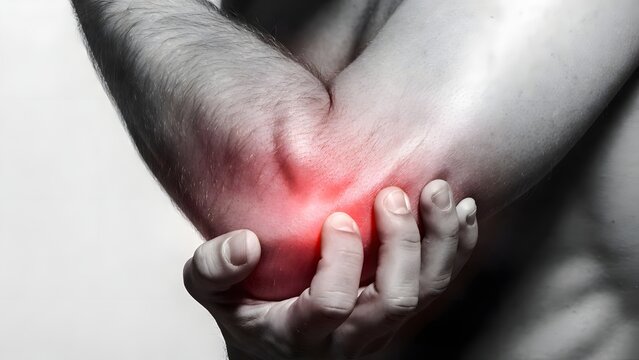 Repetitive strain injury and elbow joint inflammation. Occupational health and pain relief. Close up of man gripping his arm with red glowing pain center