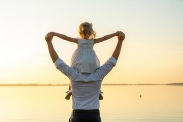 Fototapeta premium A man carrying a little girl on his shoulders by the ocean isolated on transparent background, Vector, illustration