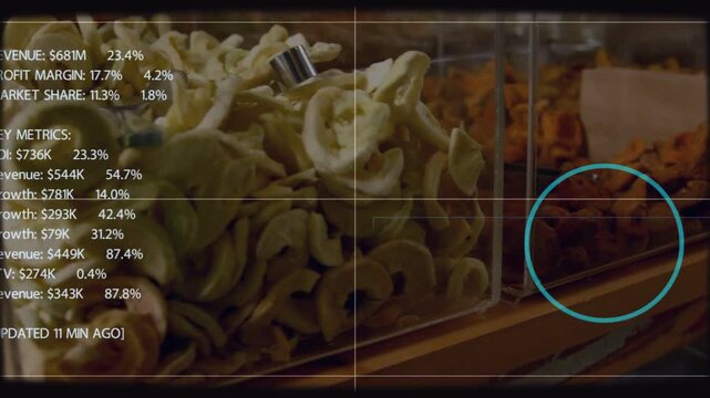 Vertical video: Snack display getting retail profit update, metrics filling, blue ring on right bin
