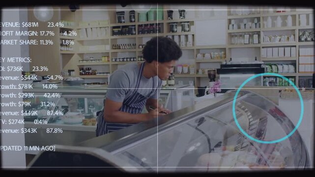 Deli worker inspecting display case, checking handheld device and causing HUD analytics for restock