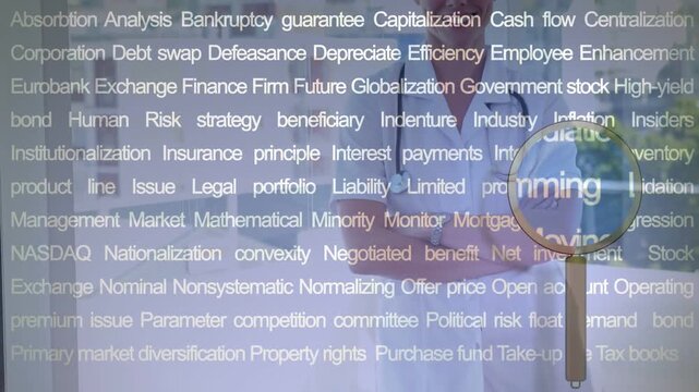 Lens appearing moving across finance words, highlighting terms as aligning with woman behind screen