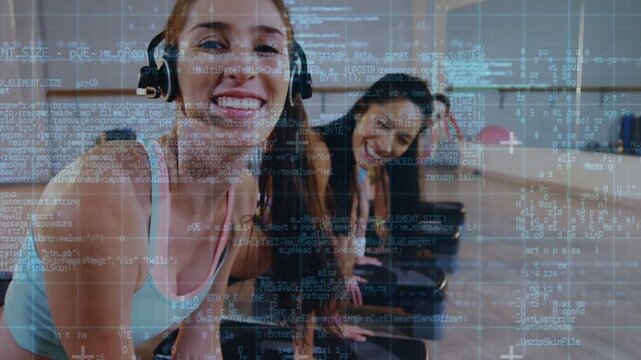 Fitness coach leaning on step as camera pushing in, turning and coaching by mic, grid scrolling