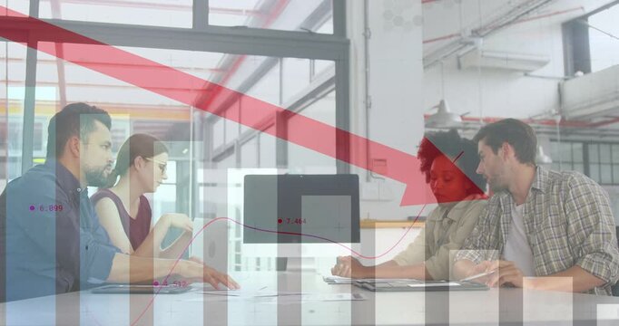 Vertical video: Team tapping screen sharing docs making red arrow bars line move for finance review