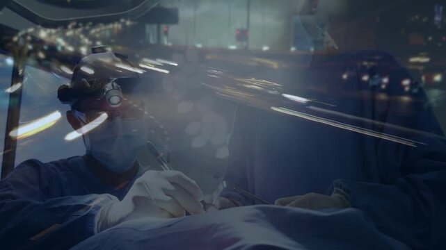 Surgeon making incision, operating torso, assistant steadying drapes, city light streaks overlaying