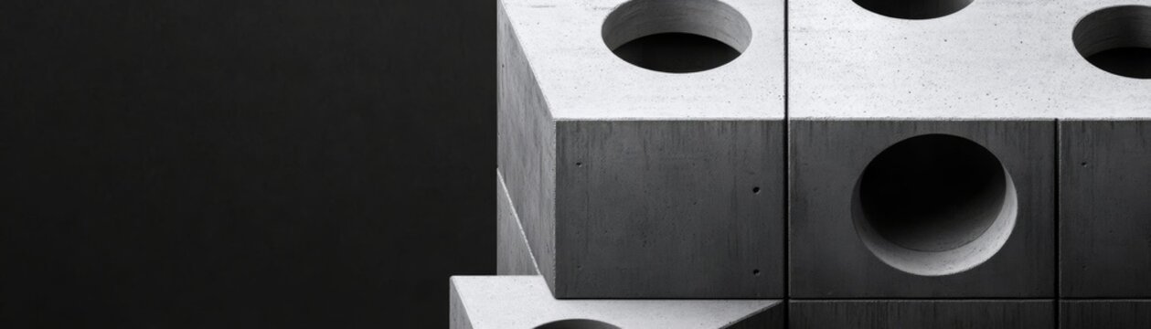 Geometric concrete blocks with circular voids stacked against dark space, showcasing texture and light-shadow interplay in abstract architecture. ,Brutalism, Modularity