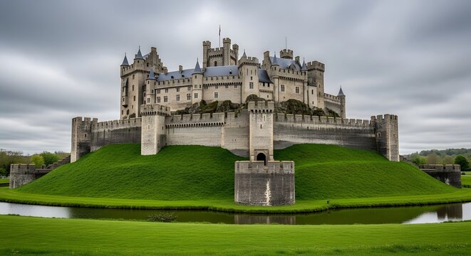 Medieval Castle on a Hill with Moat - Architectural Landmark