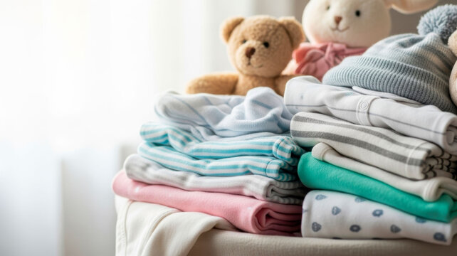 Laundry basket full of baby clothes folded neatly with a teddy bear. This image can be used for parenthood blogs, domestic chore articles, or nursery organization guides.