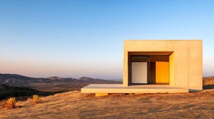 Golden Hour Desert Cube Minimalist concrete structure on a sun-drenched hill, its stark geometric form overlooks the vast, tranquil mountain landscape. ,architecture,solitude