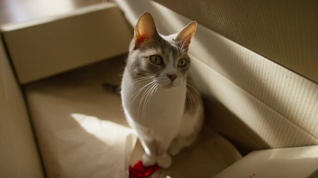 Curious cat sitting inside cardboard box