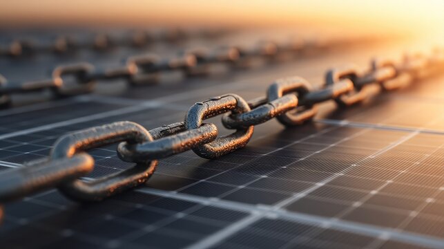 A close-up of a chain linked over solar panels, highlighting the connection between technology and sustainability during a sunset.