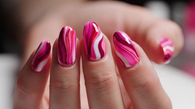 Vibrant Manicure: A close-up showcases a hand with perfectly manicured nails. The nails boast an artistic design of swirling pink, and white lines, creating a visually appealing and stylish aesthetic.