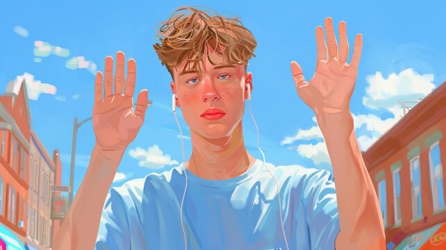 A man with headphones on his ears is looking out the window. He is wearing a blue shirt and has a red nose