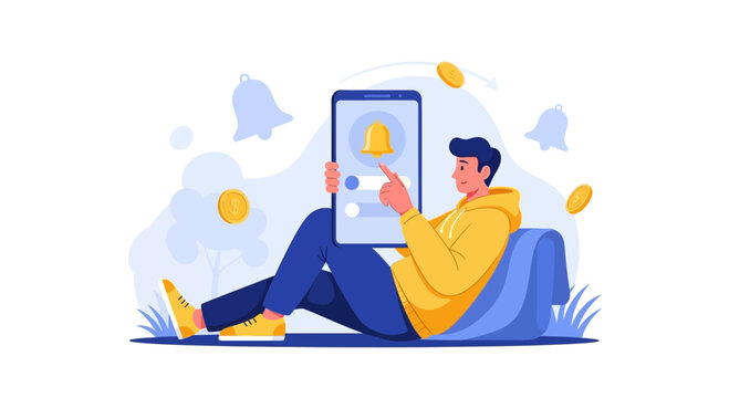Man relaxing using smartphone with notification bell icon and coins, digital alert concept