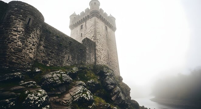 Medieval Castle Tower in Fog, Stone Architecture, Historical Building