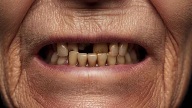 Extreme Close-up of an Elderly Person's Mouth with Bad, Decayed, and Missing Teeth