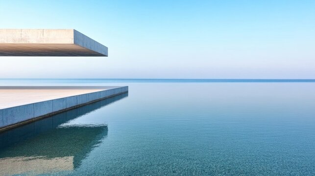 Minimalist concrete cantilevers jut over calm blue waters, their geometric forms reflecting perfectly against a soft sky and expansive horizon, a vision of modern tranquility.