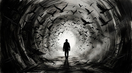 Naklejka premium Man Walking Through Dark Tunnel Toward Light