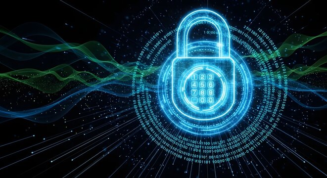 An Abstract Representation Of Digital Cybersecurity And Data Protection With A Glowing Padlock Icon Surrounded By Binary Code And Network Waves.