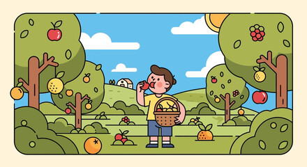 Obraz premium Wholesome Orchard Scene Featuring A Child Enjoying Fresh Fruit Amidst Lush Trees And Sunny Skies