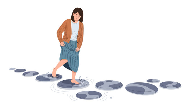 Woman Carefully Steps On Stepping Stones Across Water