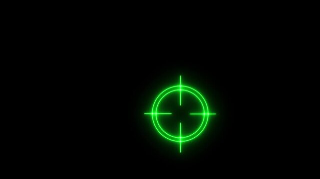 Glowing neon aim cross, target cross hair animation on black background. Neon Cross hairs Target Reticule with Red Center on Black Background.