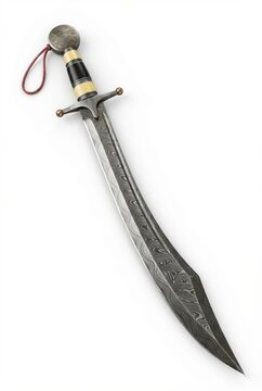 Exquisite Damascus steel short sword with a unique wavy blade pattern and ornate hilt, featuring a symbolic pommel and decorative cord. Studio shot on white.