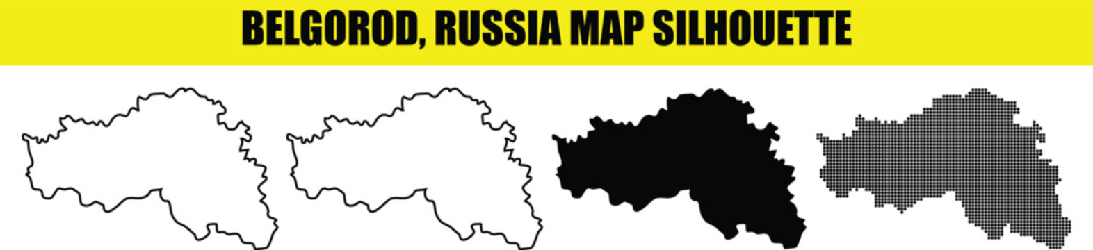 Belgorod Russia map silhouette, set of black and white maps of Belgorod region, Russia.