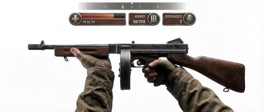 First-person view of hands holding a classic Thompson submachine gun with drum magazine, featuring a video game UI showing health, ammo, and grenades. Generative AI.
