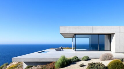 Fototapeta premium Modern concrete villa on cliff, infinity pool, large glass walls offer panoramic blue ocean views, minimalist luxury design. Tranquil seascape. Architecture, Coastal