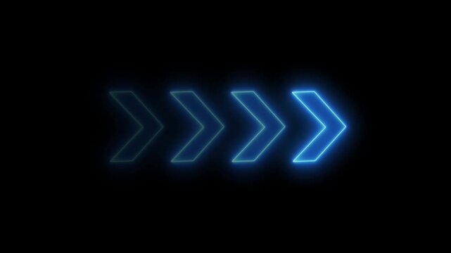 Abstract set of glowing neon arrows. neon colored swipe right arrow animation video. Blinking direction arrows, loopable overlay footage on transparent background. Advertising, social media concept.