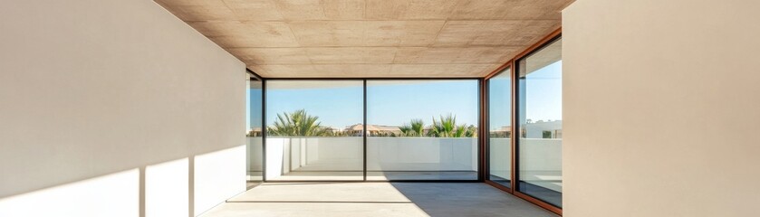 Fototapeta premium Modernist interior showcasing raw concrete ceiling and expansive glass walls, inviting tropical views. Sunlit space with stark shadows, embodying minimalist indoor-outdoor living.
