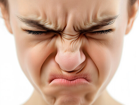 Close up of a person wrinkling their nose in disgust or displeasure feeling