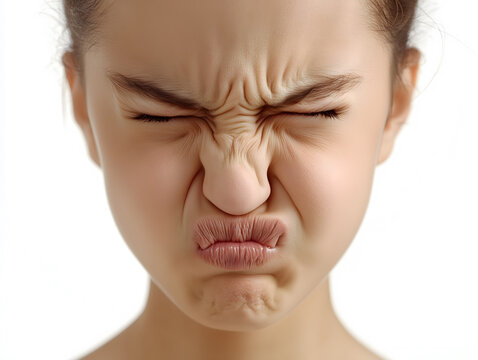 Close up of a young person making a disgusted facial expression feeling