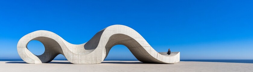 Serene Contemplation Lone figure on a minimalist concrete wave sculpture, framed by expansive blue sky and tranquil ocean. Modern coastal art. Architecture, Zen