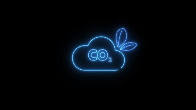Neon CO2 emissions in cloud icon on black background. Futuristic exhaust gas emission concept with glowing carbon dioxide formula and abstract cloud shining animation.