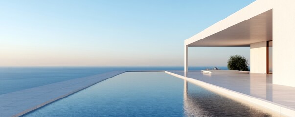 Fototapeta premium Sleek minimalist villa and an infinity pool merging with a serene ocean horizon, showcasing modern architectural tranquility and luxury escape. Modern, Luxury